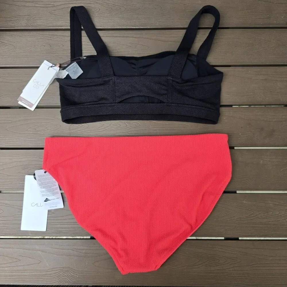 CALIA Women Textured Black Square Neck Top & Coral Mid Rise Bikini Sz L New